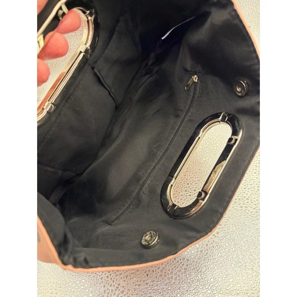 Pink Polka Dot Clutch‎ Bag Silver Metal Handle Pleated Faux Leather Handbag